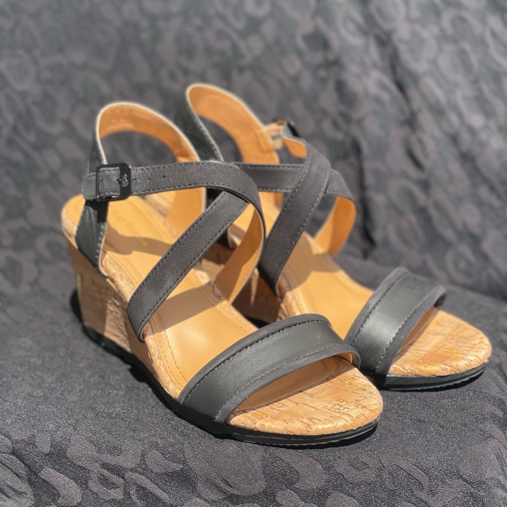 LIKE NEW Black and Tan Cork Wedge Sandals